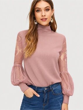 SHEIN Dusty Rose Lace Balloon Sleeve Turtleneck Blouse Size S